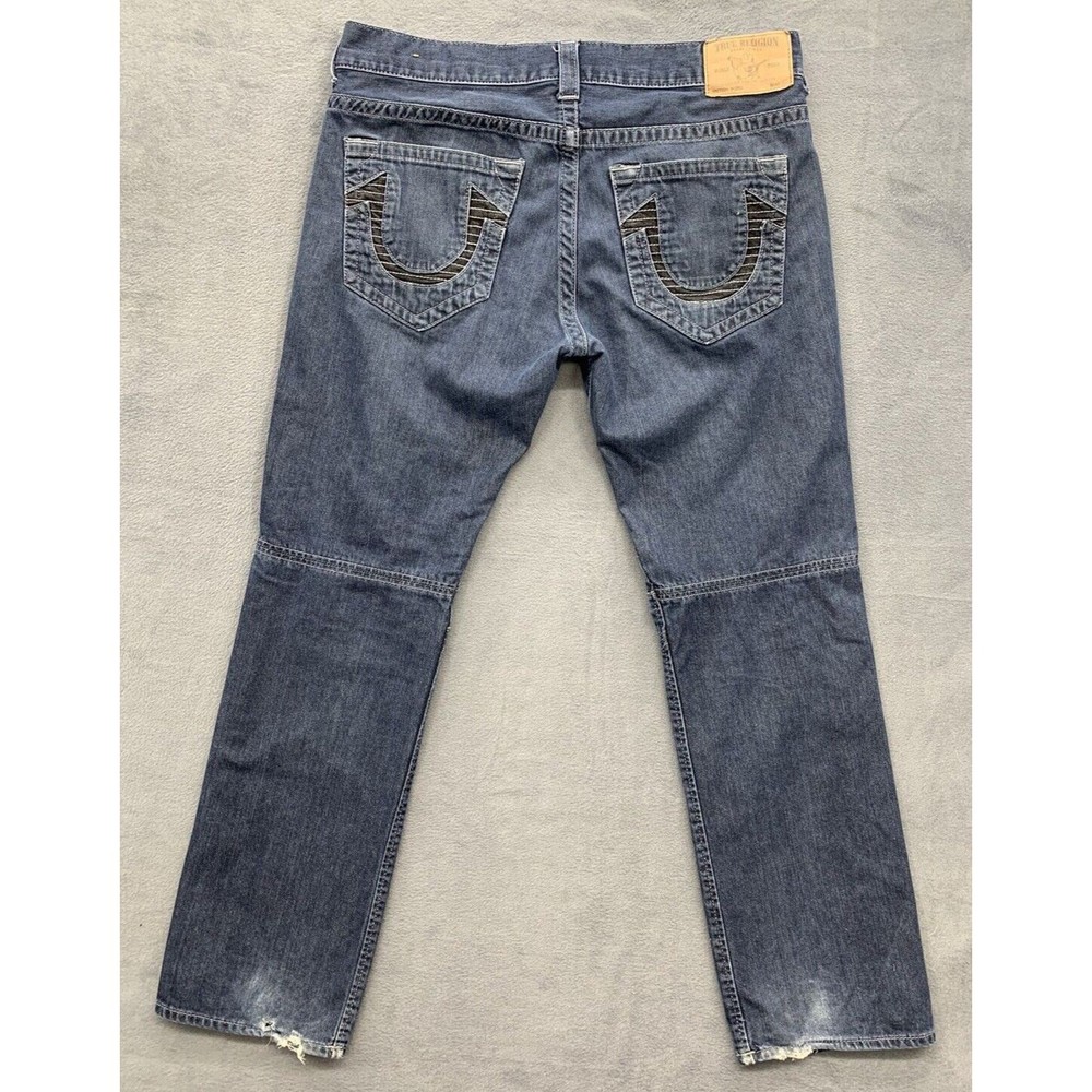 True Religion Moto Denim Jeans Men's Size 36X31 Blue Stained Distressed Biker